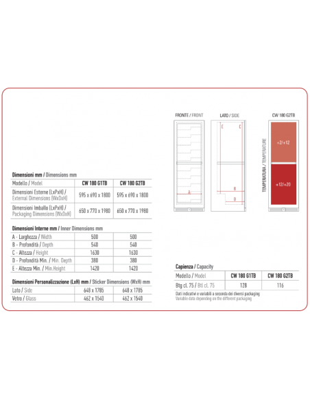 Cantinetta Vino Doppia Temperatura Porta Vetro - CW180G2TB