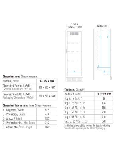 Frigo Vetrina Bibite - Luce Led - Capacità 342 Lt - CL372V Bianco