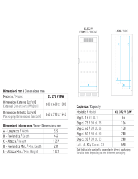 Frigo Vetrina Bibite Porta Vetro Capacità 342 Lt - CL372V White