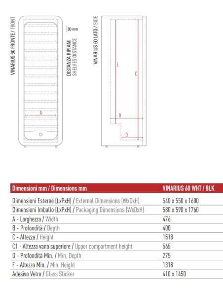 Cantinetta Vino Verticale Porta Vetro Ventilata Nera - VINARIUS60BLK