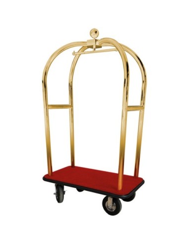 Carrello Portavaligie Hotel Acciaio Ottonato Base Rossa Ruote Pneumatiche