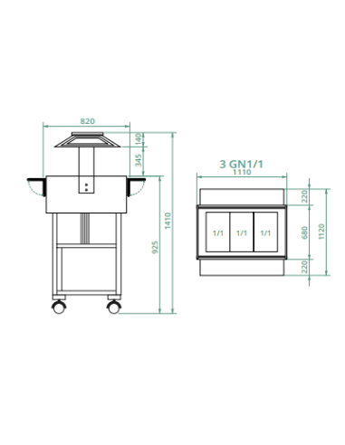 Carrello di Servizio in Legno Refrigerato Colore Grigio 3xGN1/1