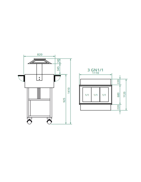 Carrello di Servizio in Legno Refrigerato Colore Grigio 3xGN1/1