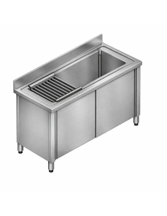 Lavello Inox Lavaggio Pentole con Ante Scorrevoli Dimensione 140x60x85/90h cm