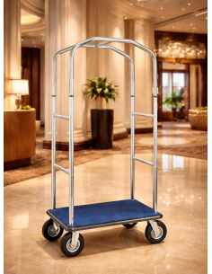 Carrello Portavaligie Hotel in Acciaio Cromato con Base Moquette Blu