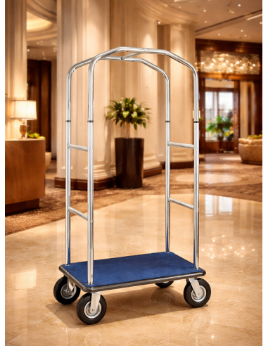 Carrello Portavaligie Hotel in Acciaio Cromato con Base Moquette Blu