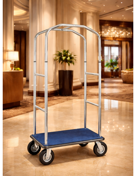 Carrello Portavaligie Hotel in Acciaio Cromato con Base Moquette Blu