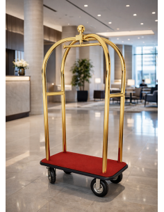 Carrello Portavaligie Hotel Acciaio Ottonato Base Rossa Ruote Pneumatiche