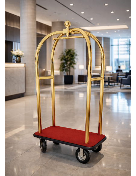 Carrello Portavaligie Hotel Acciaio Ottonato Base Rossa Ruote Pneumatiche