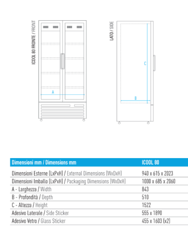 Frigorifero Bevande Nero ICOOL80BLK Ventilato 2 Porte Vetro Battenti