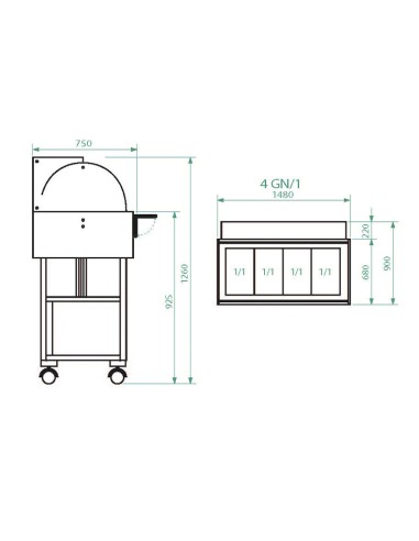 Carrello di Servizio in Legno Refrigerato Grigio Cenere 4xGN 1/1