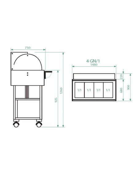 Carrello di Servizio in Legno Refrigerato Grigio Cenere 4xGN 1/1