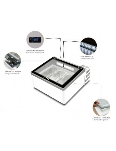 Congelatore da Banco per Vaschetta Gelato Dimensione 680x759x383h mm