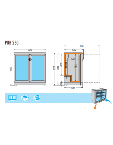Frigorifero Bibite Sottobanco 254 Lt - 2 Porte Battenti - PUB250